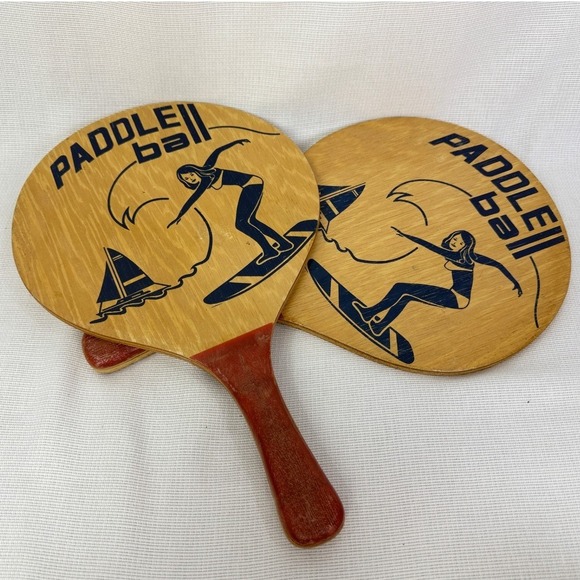 Vintage Paddle Ball Set Wood Beach Paddles Surfer Graphic Game Toy - Picture 1 of 5